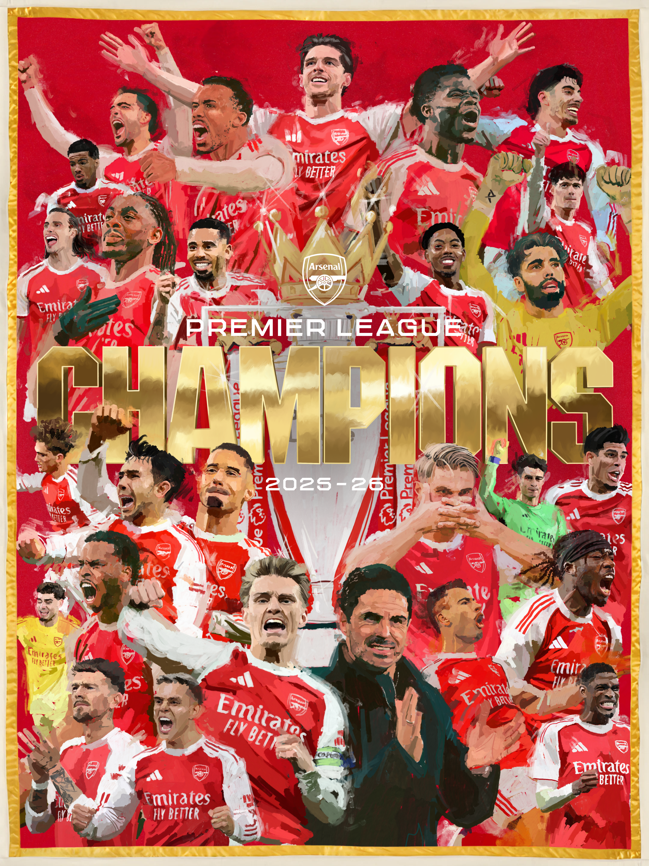 Arsenal squad celebrating the 2025/26 Premier League title — painted collage of players around the trophy, with 'CHAMPIONS · 2025-26' in gold lettering